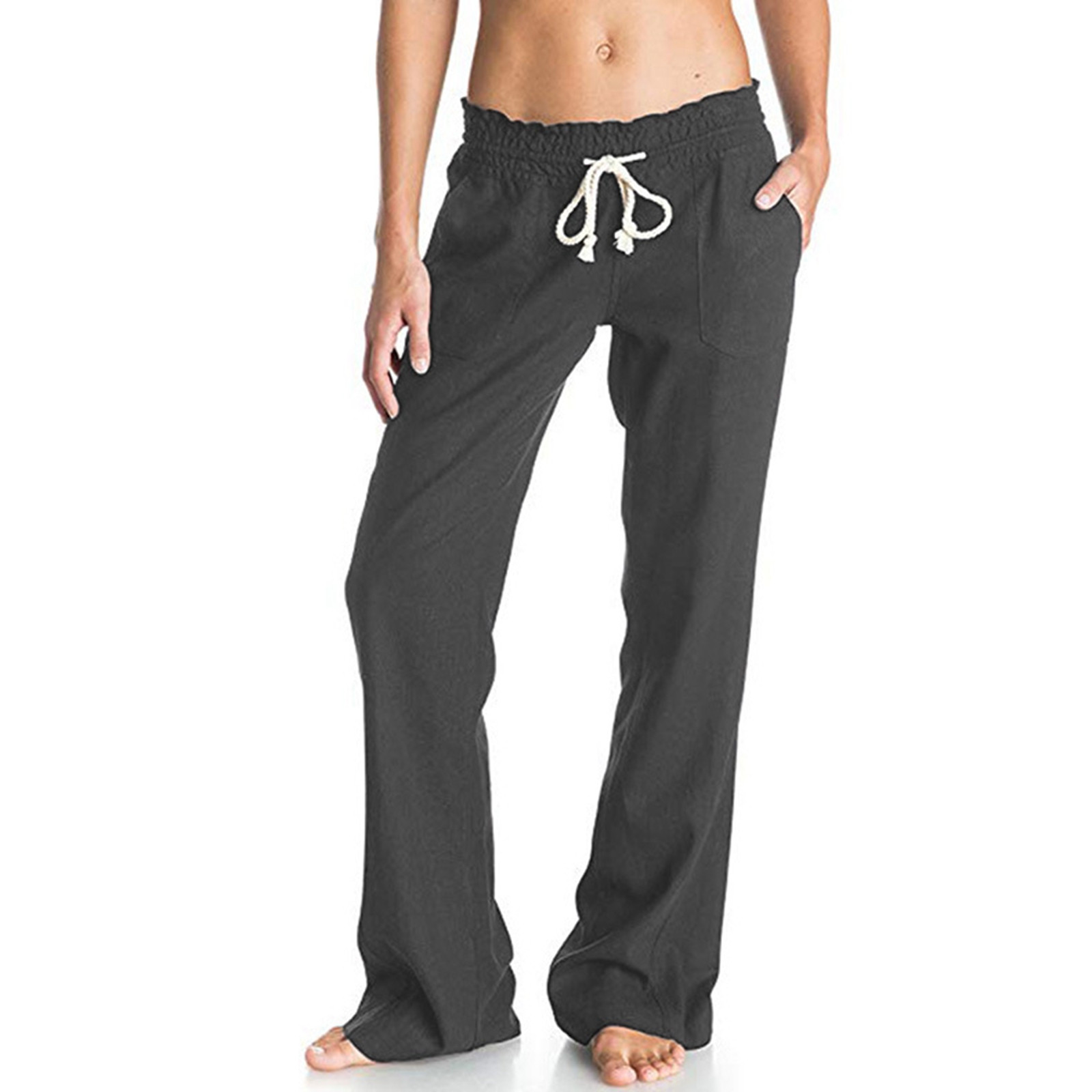 thumbnail image 3 of Pantalones palazzo anchos con cordón de lino suave para mujer: color liso, cintura ajustable, corte fluido para uso informal/viajes, mezcla de lino transpirable, 3 of 8
